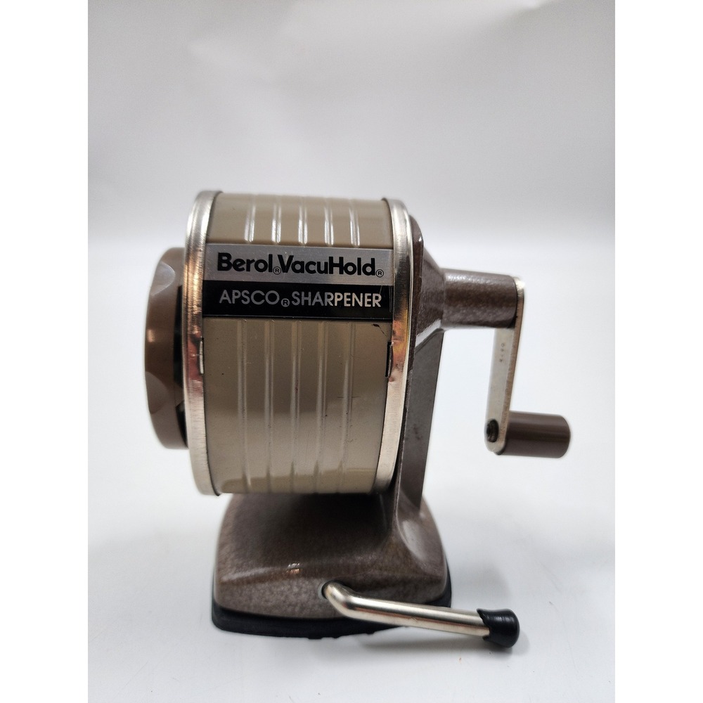 Vintage Berol VacuHold Apsco Manual Pencil Sharpener Vacuum Base Tan Brown Metal